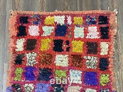 3x7 Grid Boucherouite Colorful Rug, Vintage Boucherouite Runner Rug