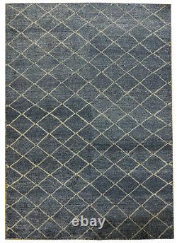 5' 7'' x 7' 4'' Modern Midnight Blue 6x7 Rug Genuine Handmade Flat Carved Grid