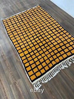 6x4 Feet Yellow and Black Grid Rug, Wool Woven Moroccan Carpet Boho Area Rug