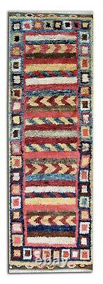 Handwoven Oriental Wool Carpet, Bold Geometric Shaggy Pile Rug 100x300cm