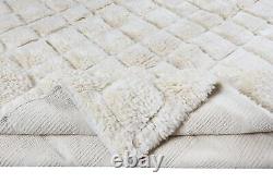 Home Decor Grid Pattern Tulu Rug, 100% Wool, Handmade Cream Checkered Carpet