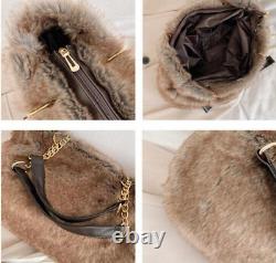 New Women Winter Fashion Faux Fur Messenger Tote Bag Grid Gray Shoulder Handbags
